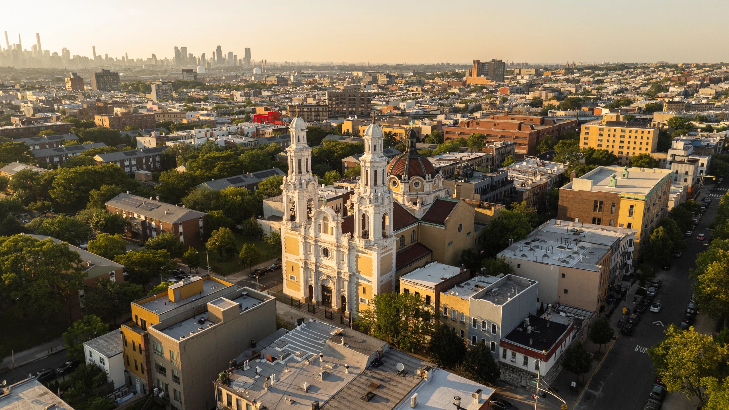 Urban neighborhood aerial view at golden hour